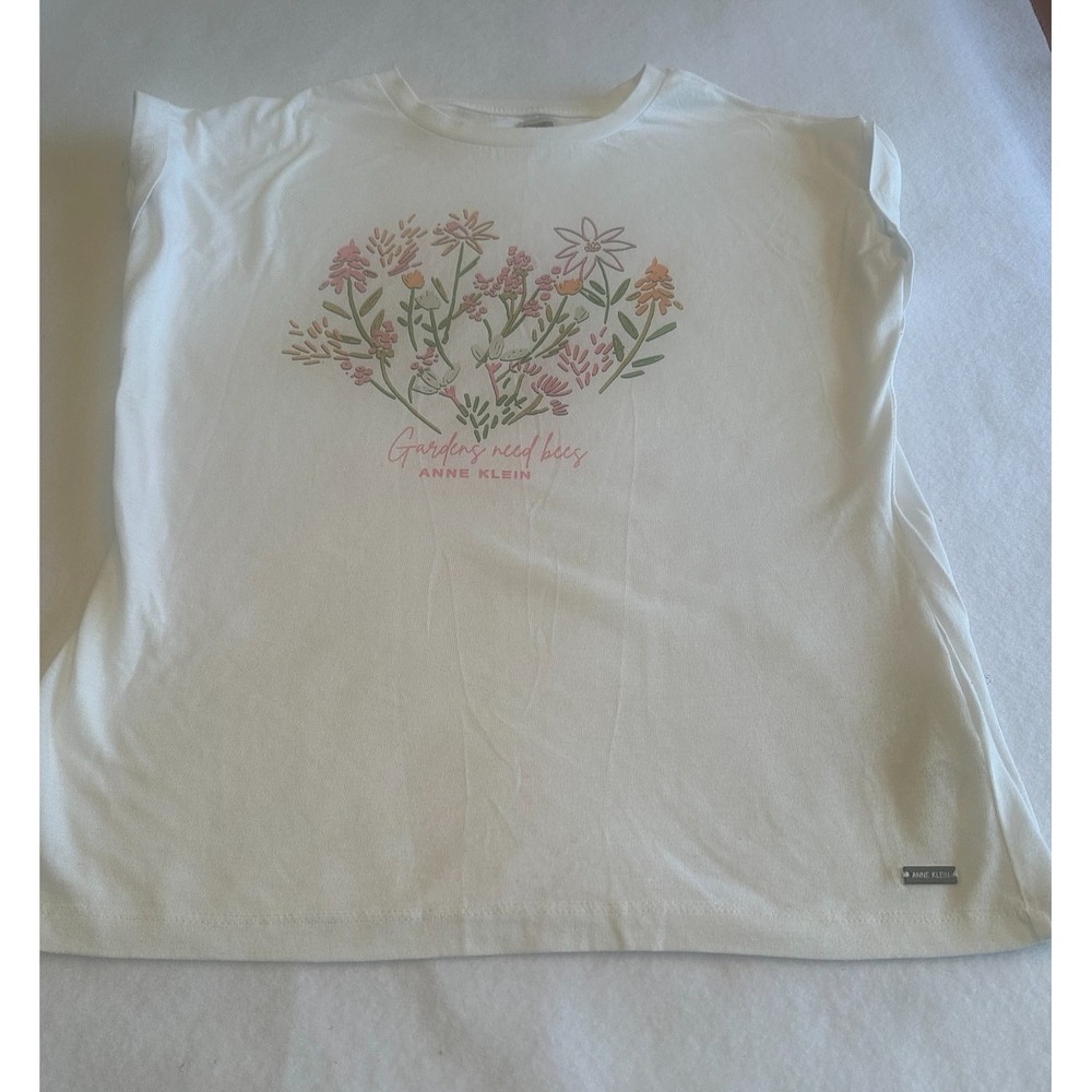 Anne Klein Womens Graphic Tee Medium M White Floral Gardens Need Bees Cap Sleeve
